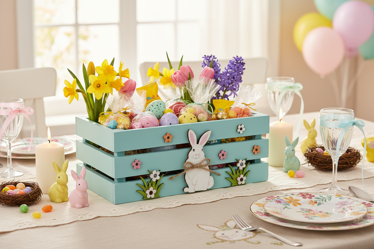 Holzkiste mit weißen Hasen und kleinen Blumen