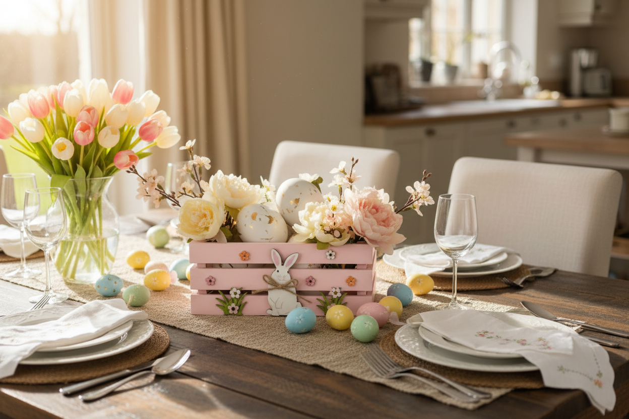 Holzkiste mit weißen Hasen und kleinen Blumen