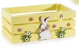 Holzkiste mit weißen Hasen und kleinen Blumen - Avaloon Party-Deko-Geschenke