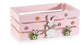 Holzkiste mit weißen Hasen und kleinen Blumen - Avaloon Party-Deko-Geschenke