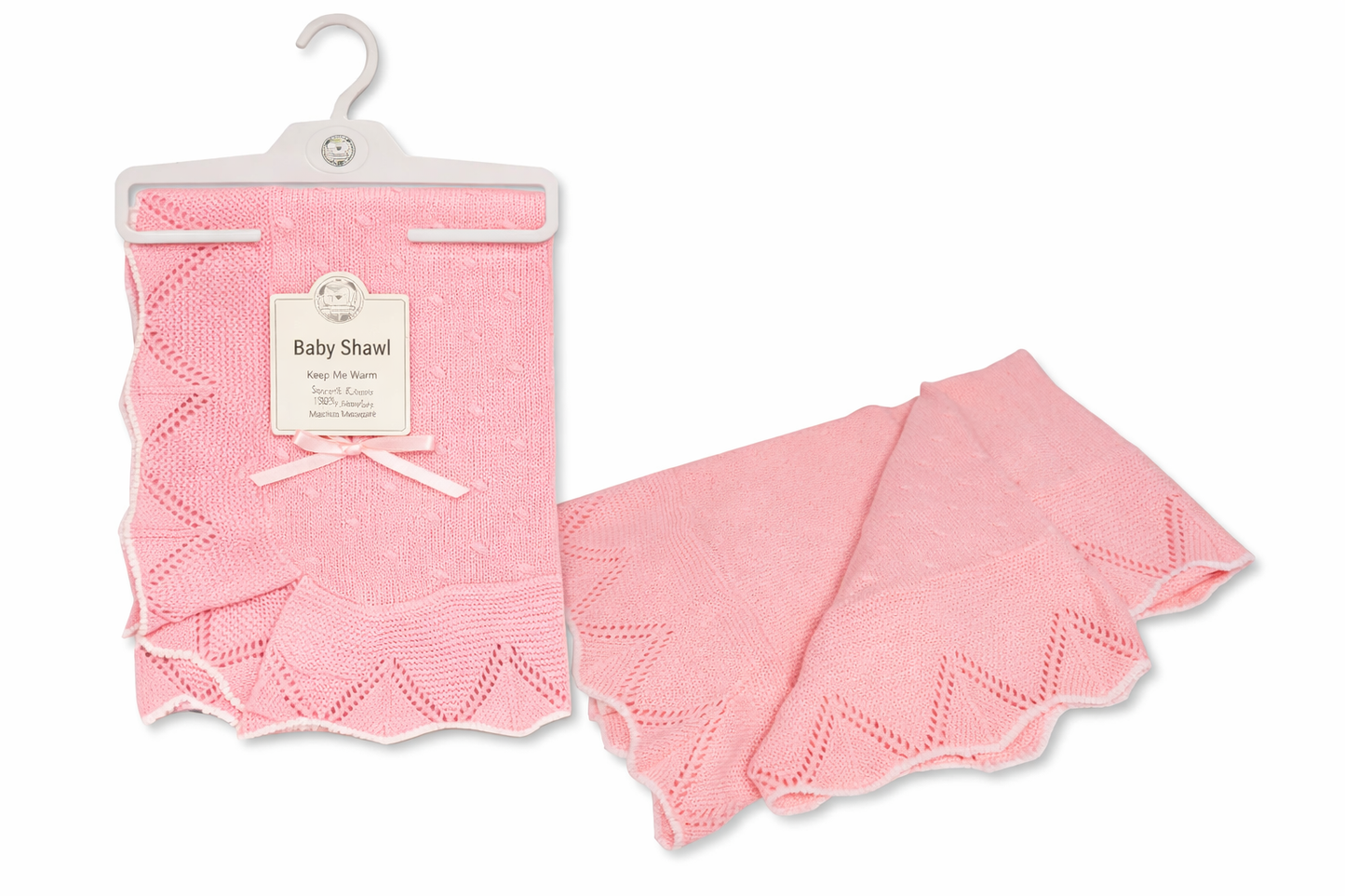 Baby knitted blanket with zigzag edge, pattern, and bow