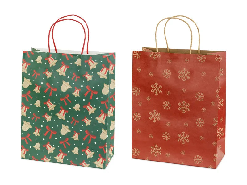 Geschenktüten mit Schneeflocken und Glocken, 26 × 32,5 × 12 cm, rot und grün
