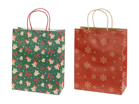 Geschenktüten mit Schneeflocken und Glocken, 26 × 32,5 × 12 cm, rot und grün
