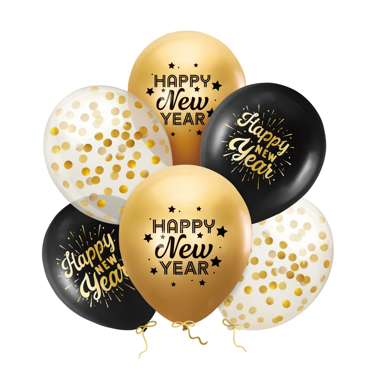 Luftballons Happy New Year, schwarz-gold, 6er-Set