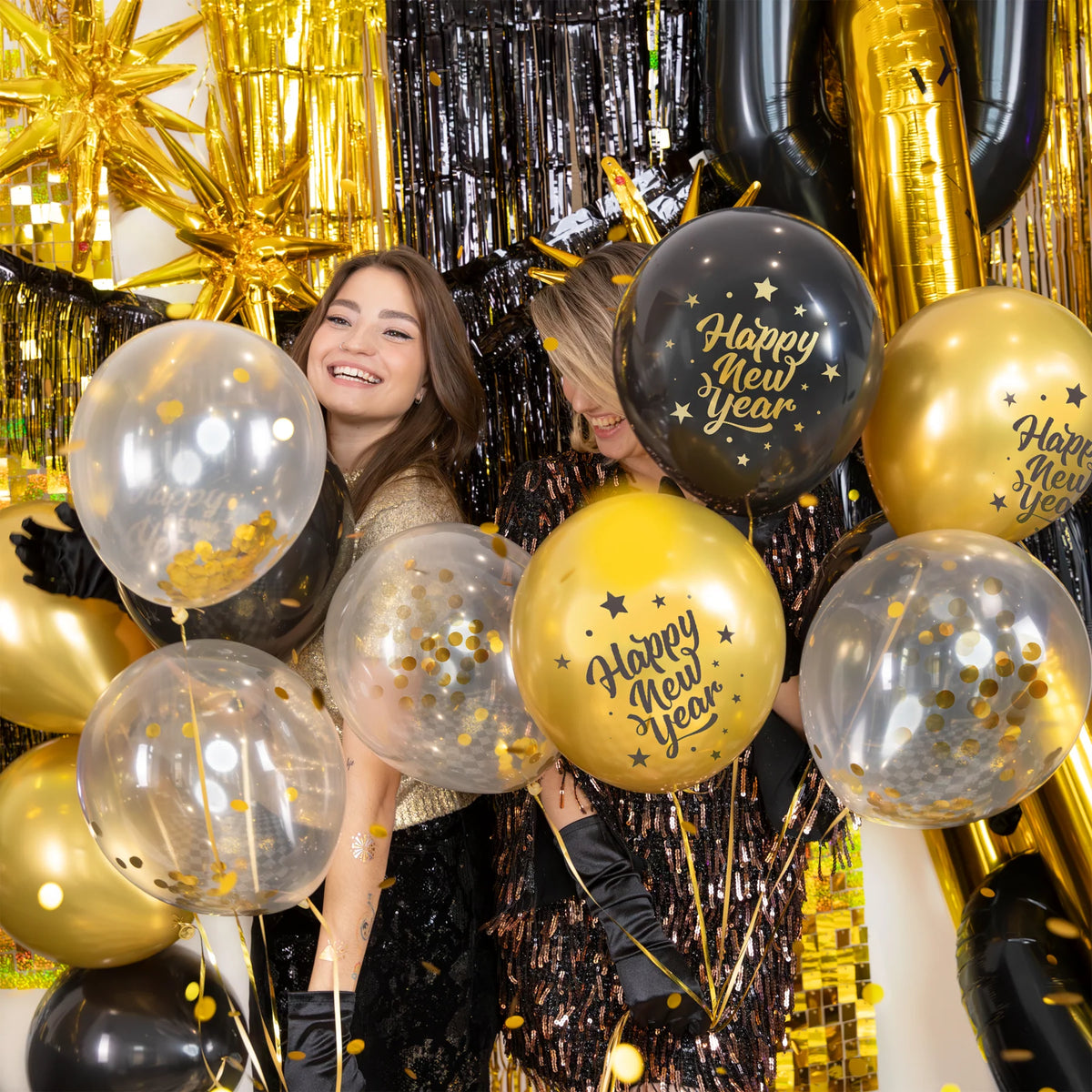 Luftballons Happy New Year, schwarz-gold, 6er-Set