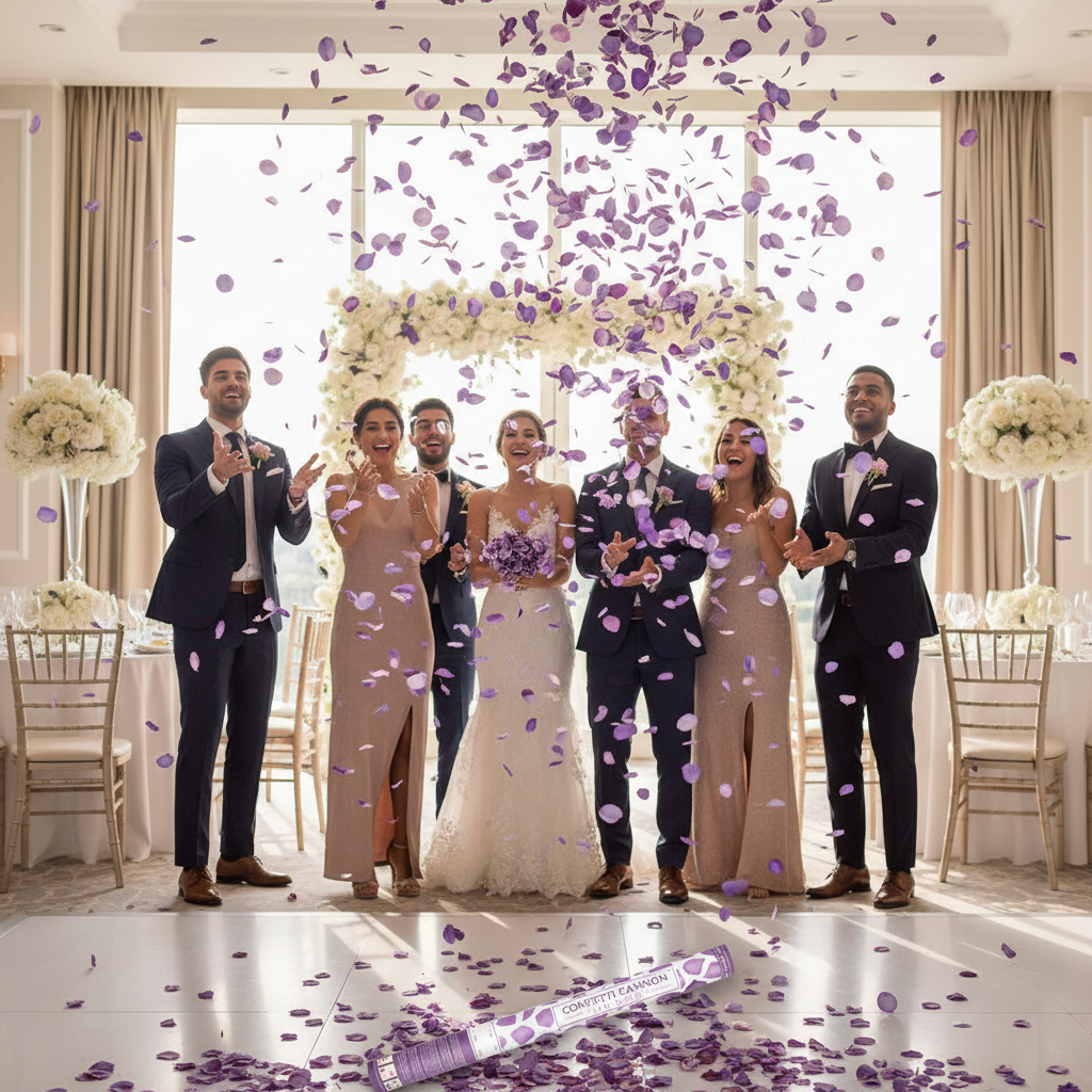 Confetti cannon with rose petals, purple