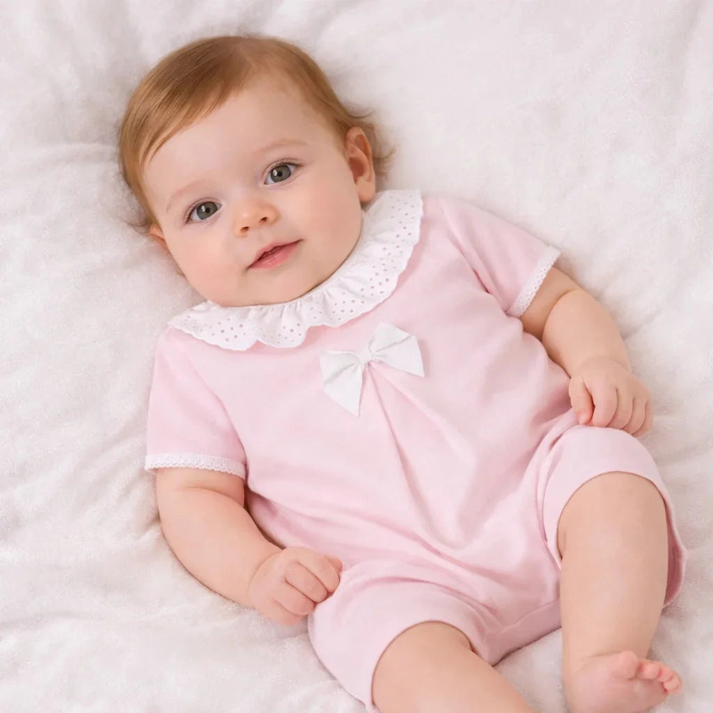 Kurzstrampler Baby Mädchen Rosa – Piqué-Strick mit Stickerei