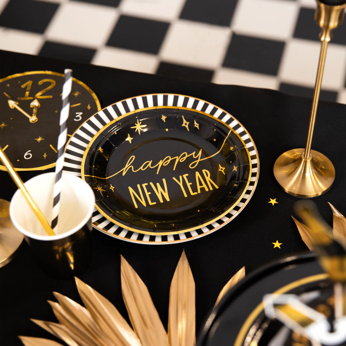 Teller „Happy New Year“ schwarz-gold – 18 cm, 6 Stück