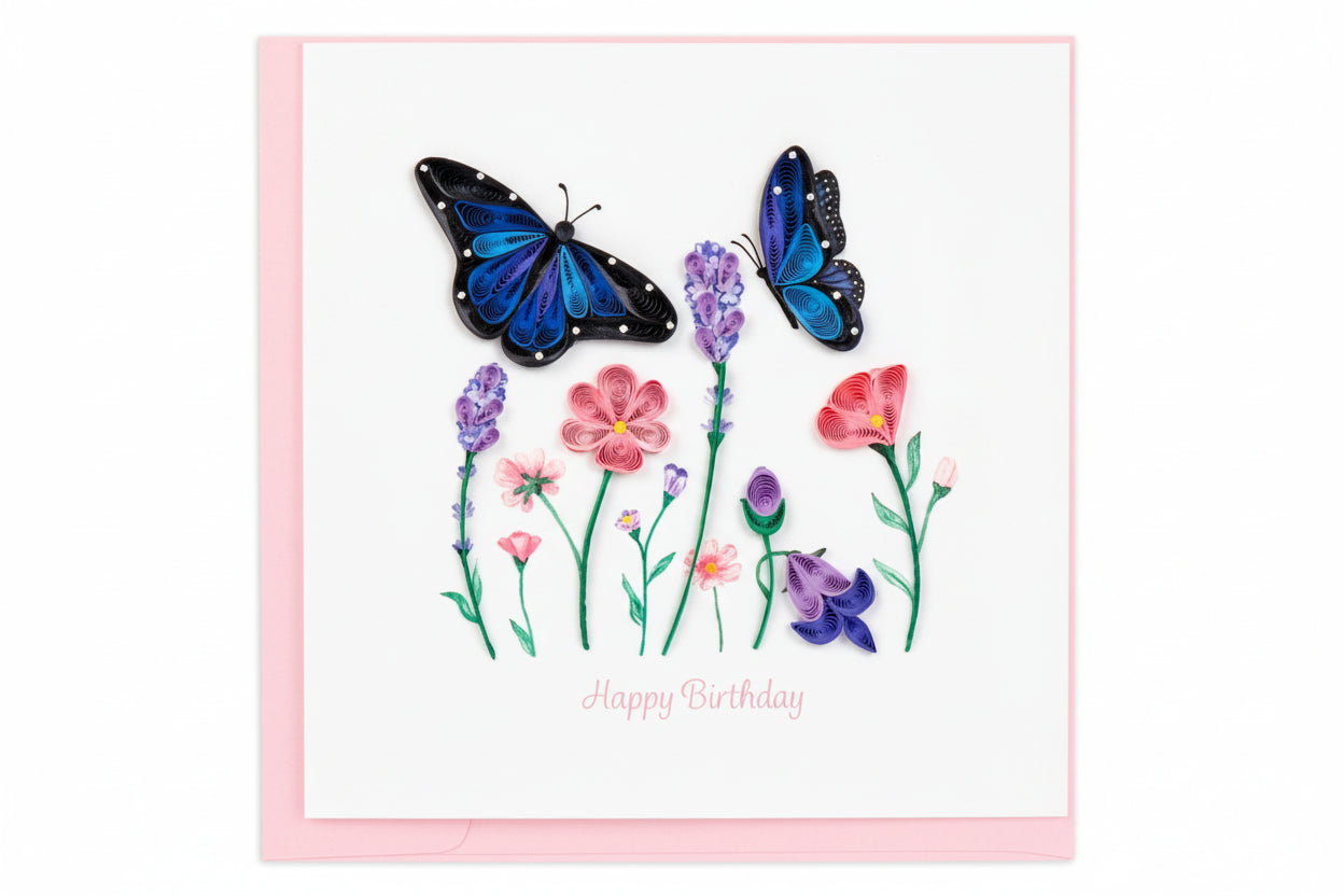 Geburtstagskarte Schmetterlinge Blumen mit Blumen und blauen Schmetterlingen - Avaloon Party-Deko-Geschenke