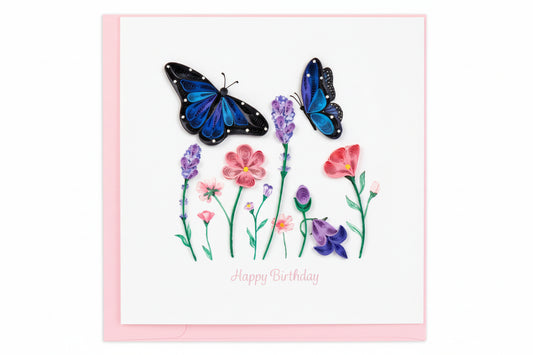 Geburtstagskarte Schmetterlinge Blumen mit Blumen und blauen Schmetterlingen - Avaloon Party-Deko-Geschenke