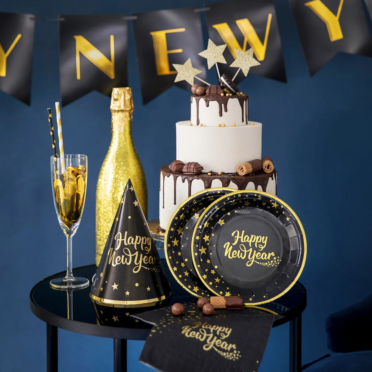 Servietten „Happy New Year“ schwarz-gold – 10 Stück