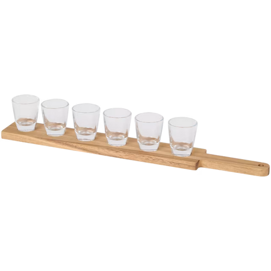 Shotglas-Set mit Servierbrett aus Akazienholz, 7-teilig