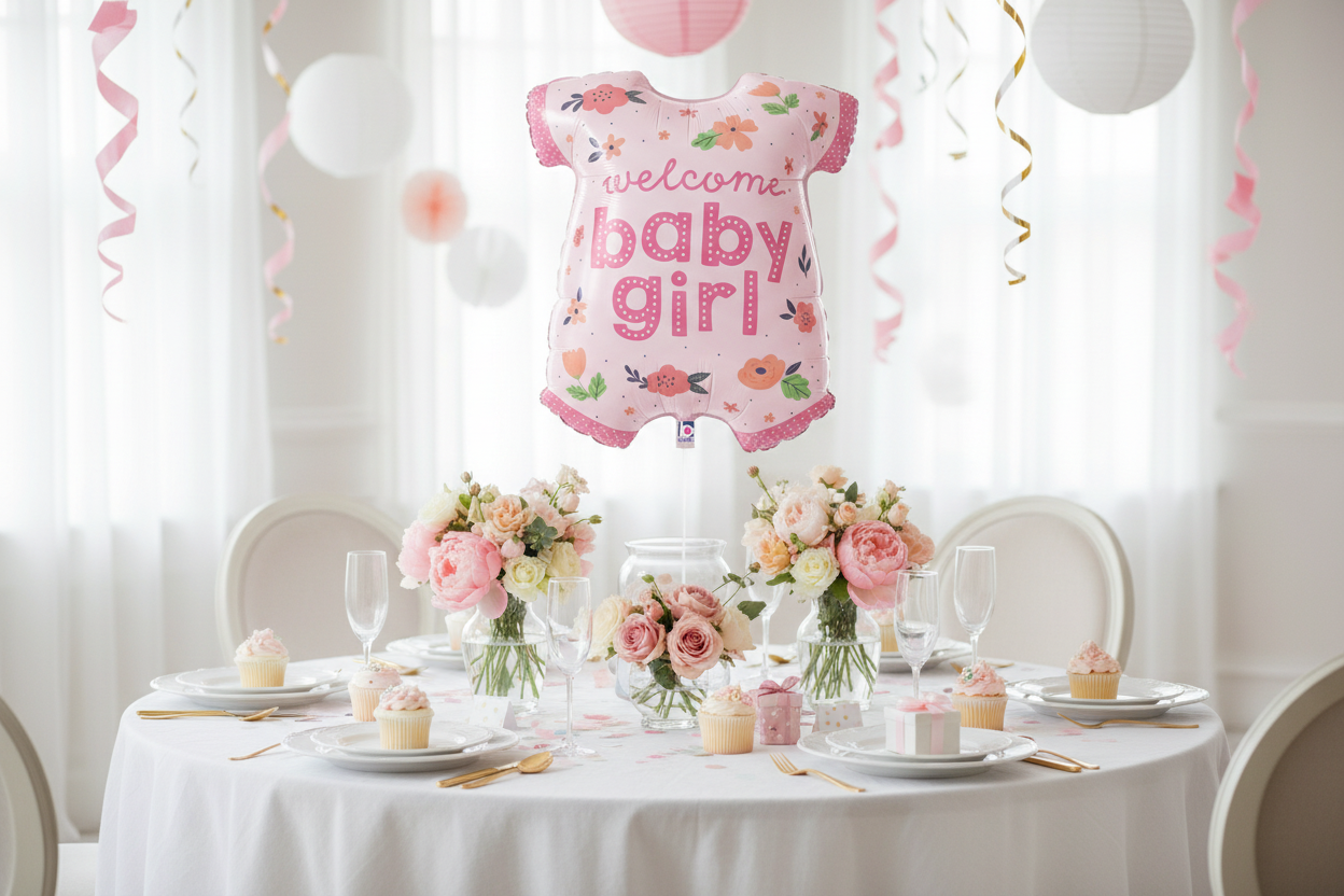 Grenouillère rose à ballons en aluminium « Bienvenue bébé fille »