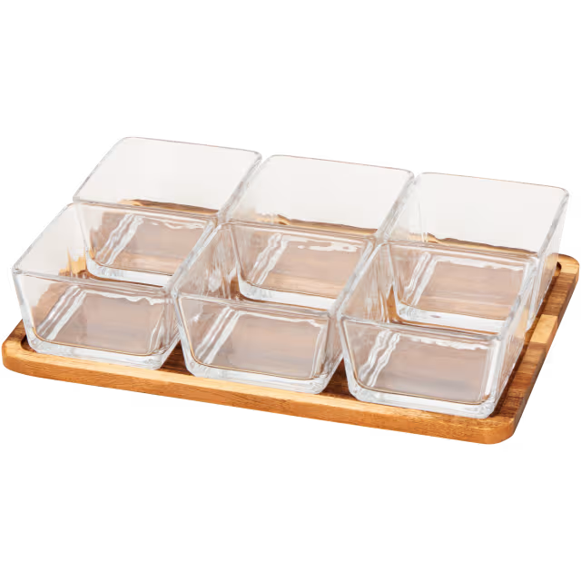 Tapas-Set mit Akazienholz-Tablett und 6 Glasschalen
