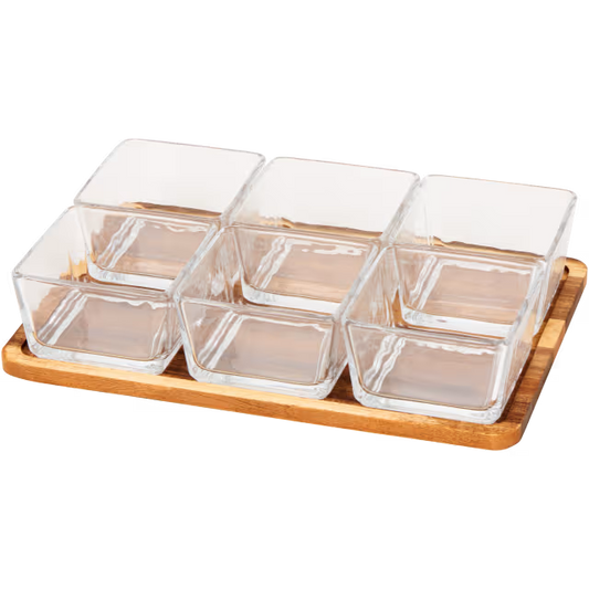 Tapas-Set mit Akazienholz-Tablett und 6 Glasschalen