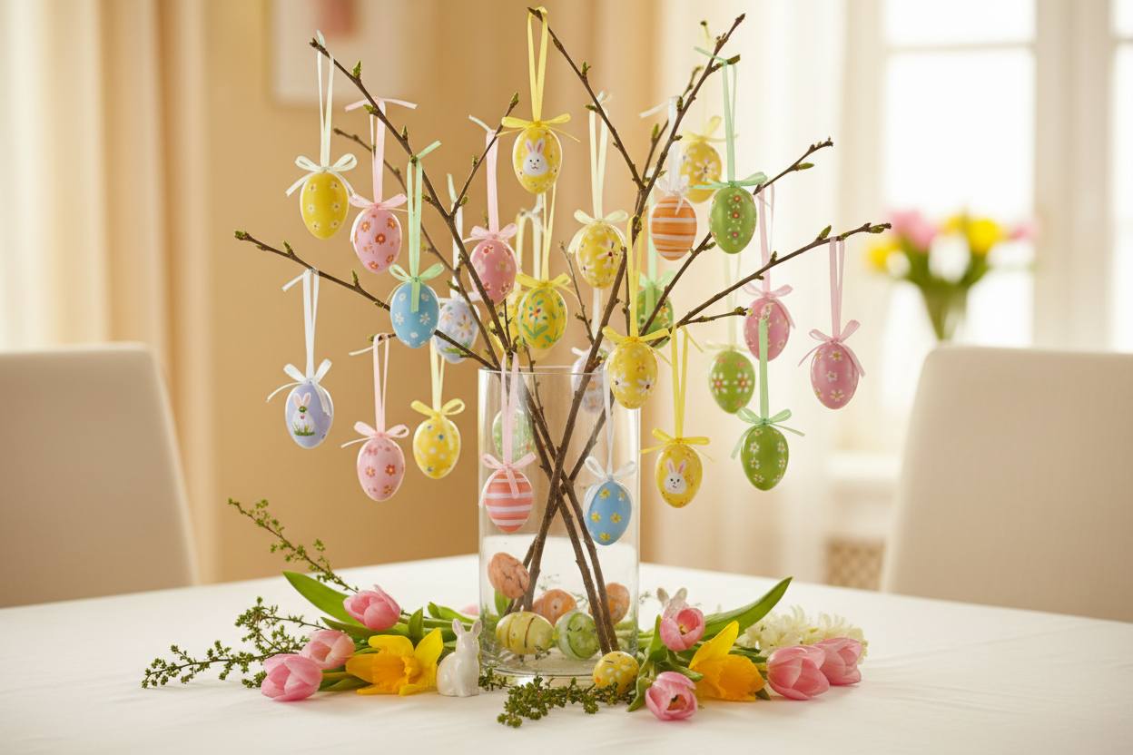 Tube with 12 hand-painted plastic mini eggs for hanging