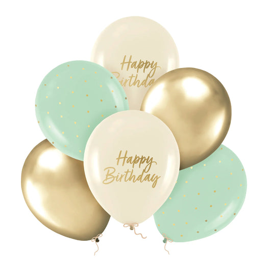 Latexballons Happy Birthday Grün Beige Gold 30 cm 6 Stück