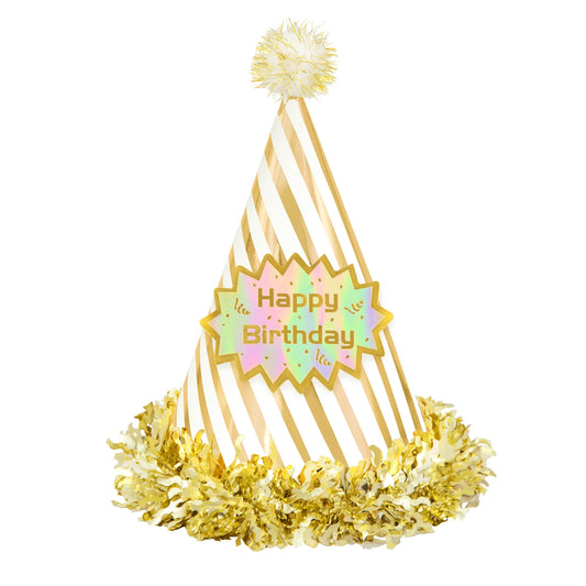 Geburtstags-Partyhüt Happy Birthday Weiss-Gold mit Pompon