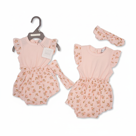 Baby Mädchen Faux-Zweiteiler mit Haarband Rosen - rosa Romper mit Blumenmuster