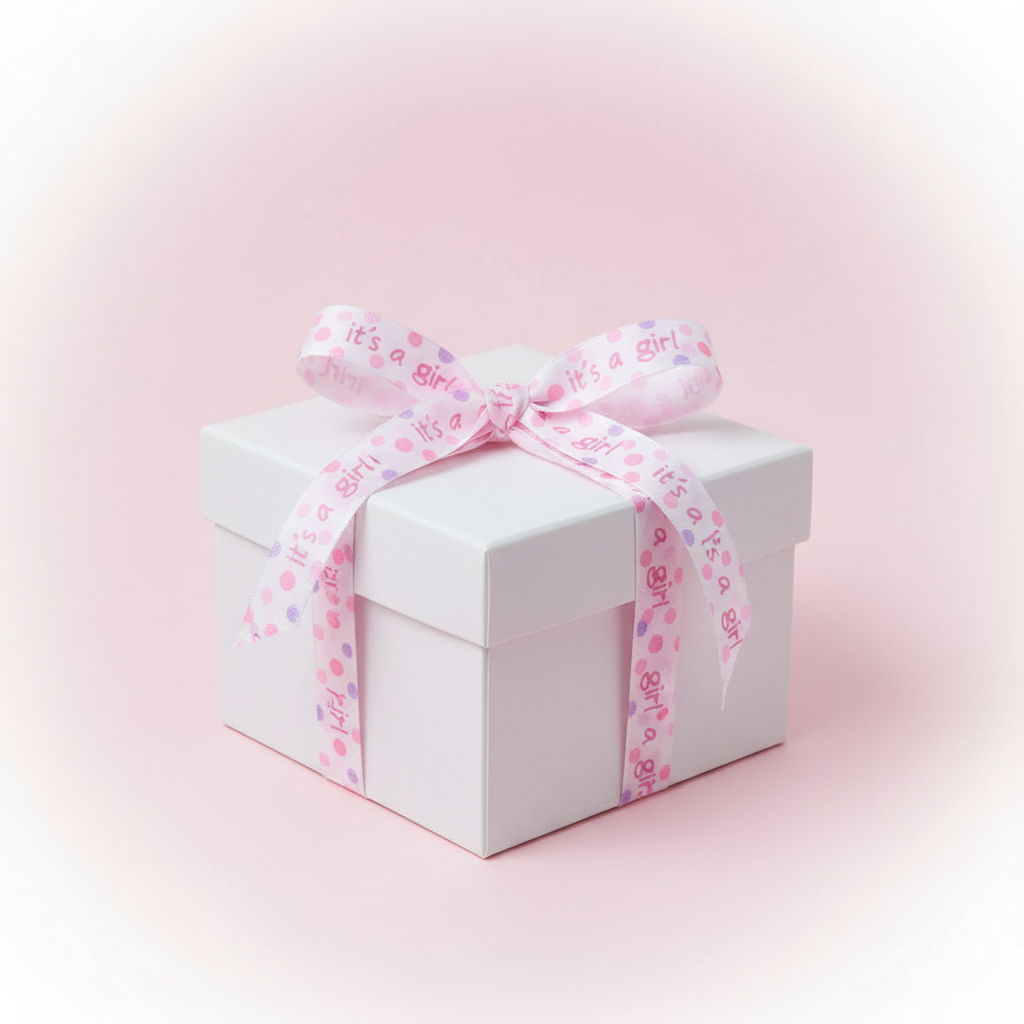 Band bedruckt It´s a girl als Schleife um Geschenkbox
