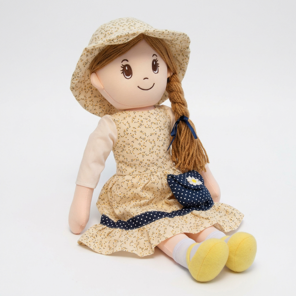 Einzelne Stoffpuppe mit Blümchenkleid, Hut und Tasche auf weissem Hintergrund