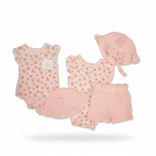 Baby Mädchen Dreiteiler Rosen - rosa Bodysuit, Shorts und Sonnenhut