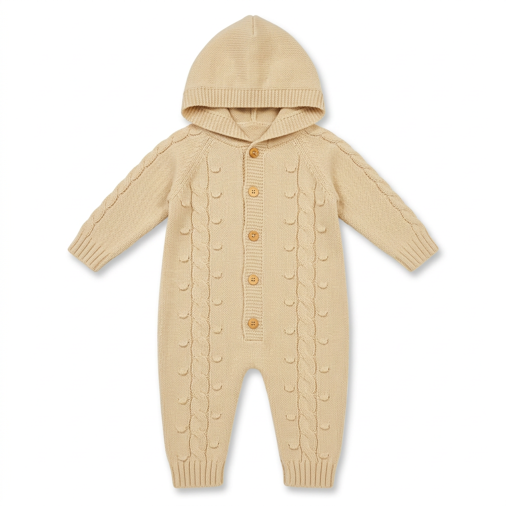 Beiger Baby-Strick-Einteiler mit Kapuze und Knöpfen auf weissem Hintergrund