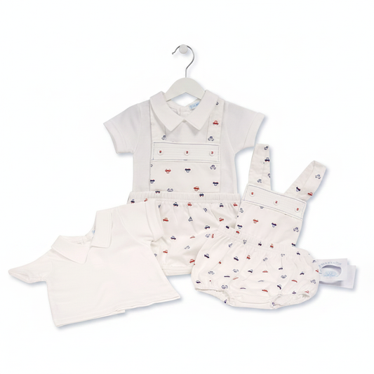 Baby Jungen Polo-Shirt & Latzhose Set Weiss mit Fahrzeug-Print