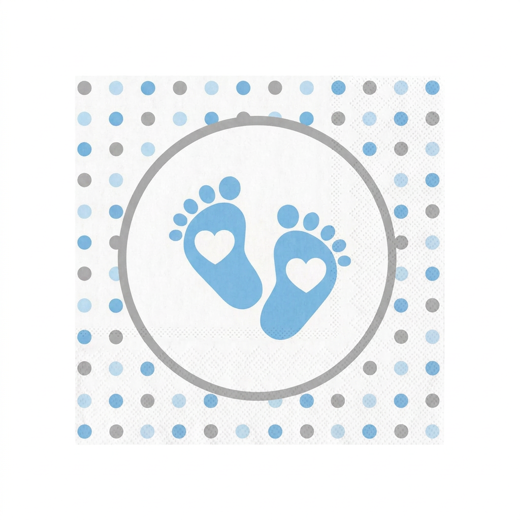 Baby-Shower-Serviette mit blauen Füsschen, blauen und grauen Punkten sowie grauem Kreis auf weissem Hintergrund