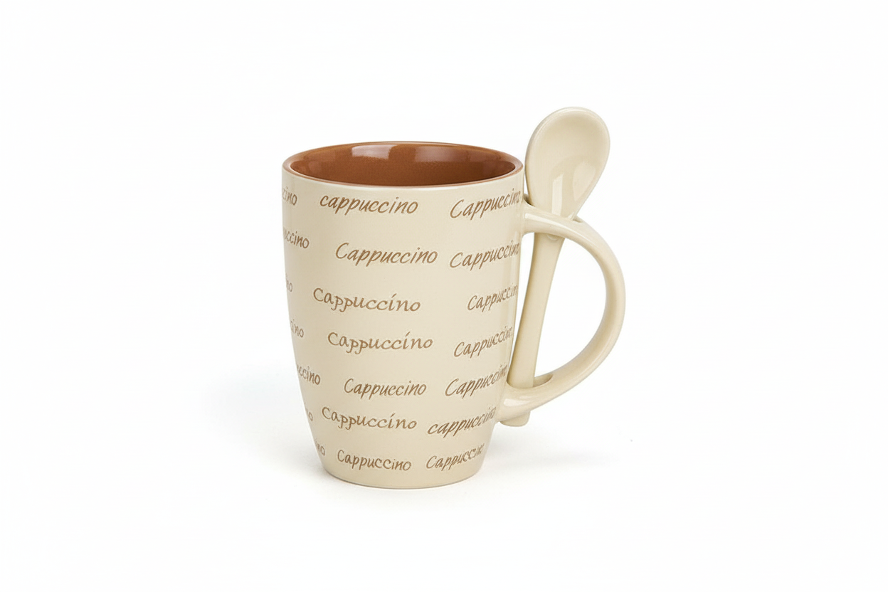 Becher mit Löffel Cappuccino Keramik - Creme