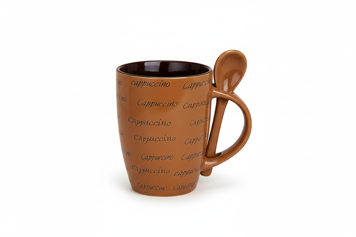 Becher mit Löffel Cappuccino Keramik - Braun