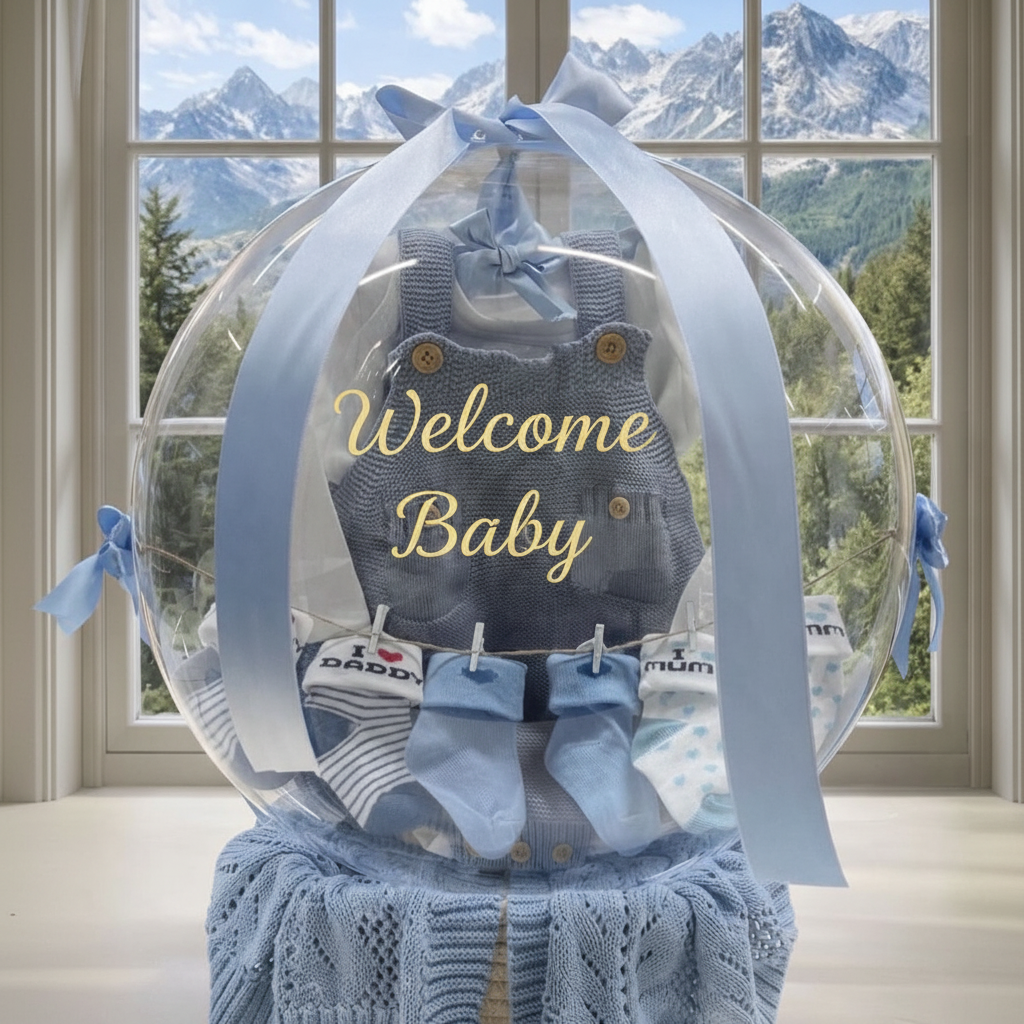Geschenkballon Baby mit Welcome Baby Aufschrift in Gold mittig auf dem Ballon