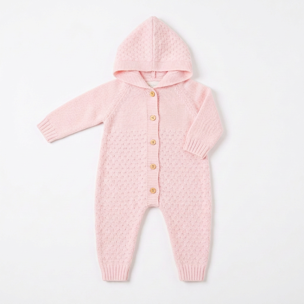 Rosa Baby-Strick-Einteiler mit Kapuze ohne Herz auf weissem Hintergrund