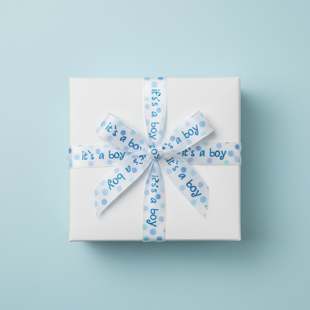Band bedruckt It´s a boy als Schleife um Geschenkbox
