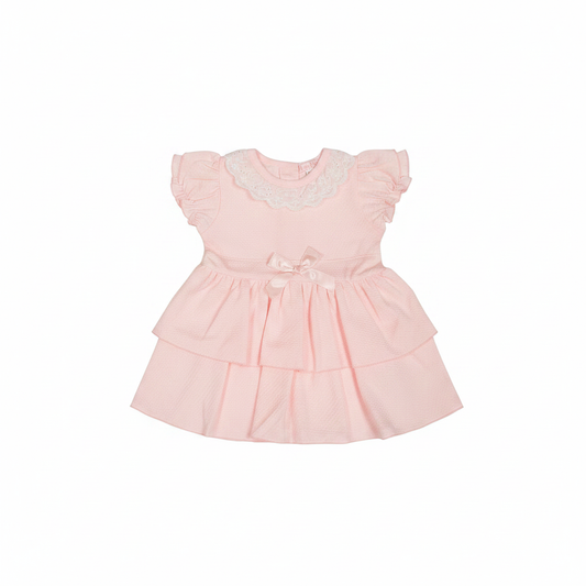Baby Mädchen 2-stufiges Kleid mit Spitze und Schleife Rosa – Flat Lay