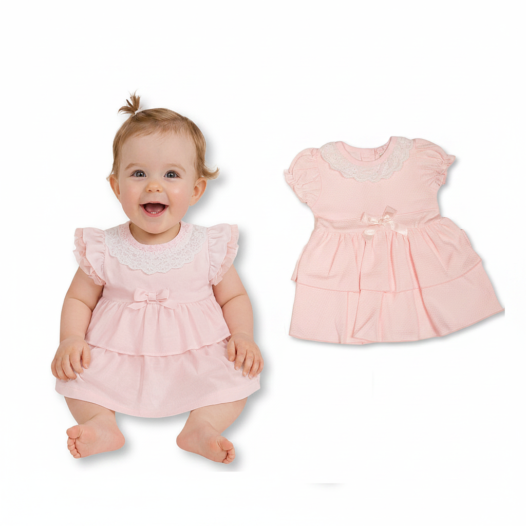 Baby Mädchen 2-stufiges Kleid mit Spitze und Schleife Rosa