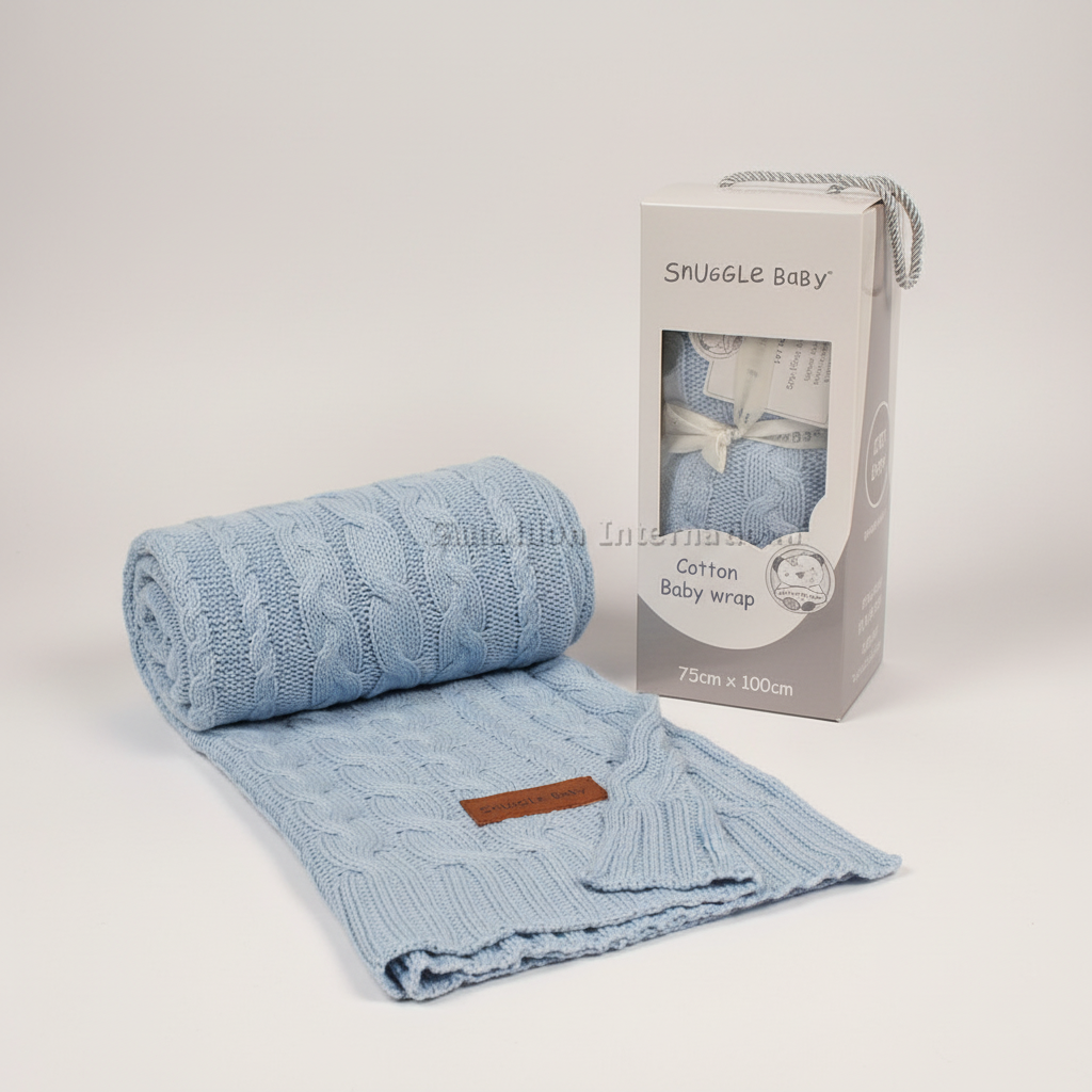 Baby Baumwoll-Strickdecke Hellblau in Geschenkbox