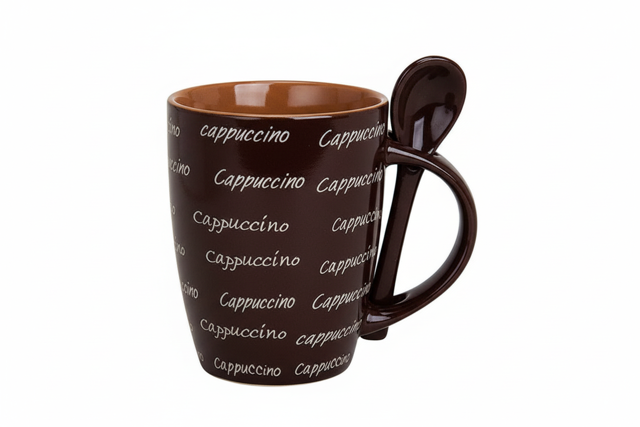 Becher mit Löffel Cappuccino Keramik - Dunkel Braun