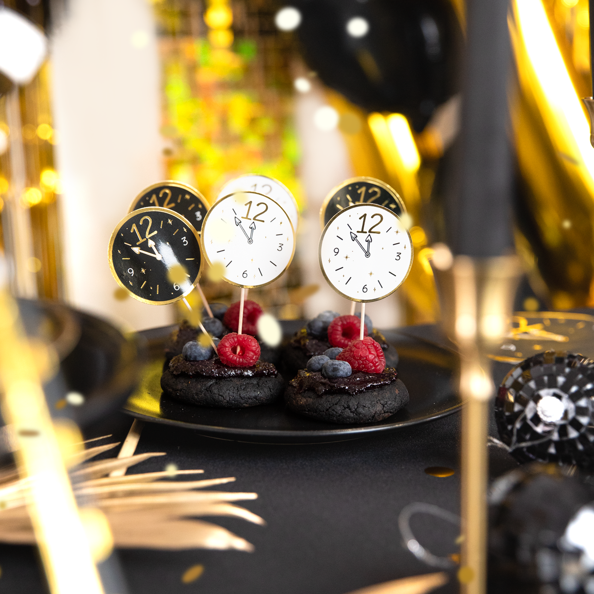 Cake Topper „Happy New Year“ mit Uhren – ca. 11 cm, 6 Stück
