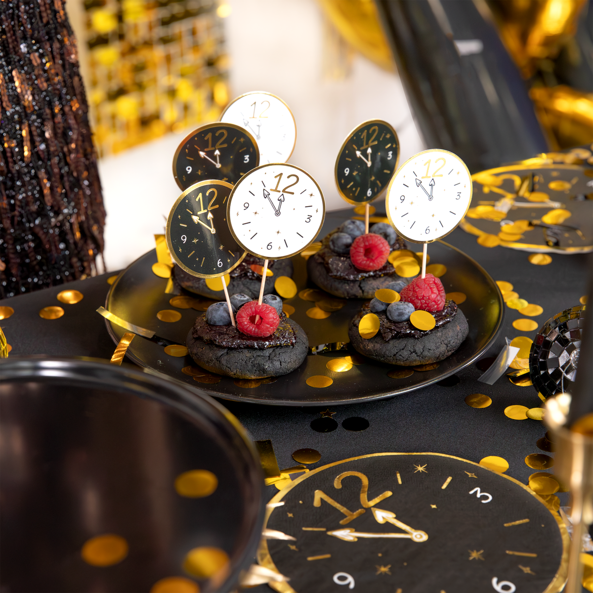 Cake Topper „Happy New Year“ mit Uhren – ca. 11 cm, 6 Stück