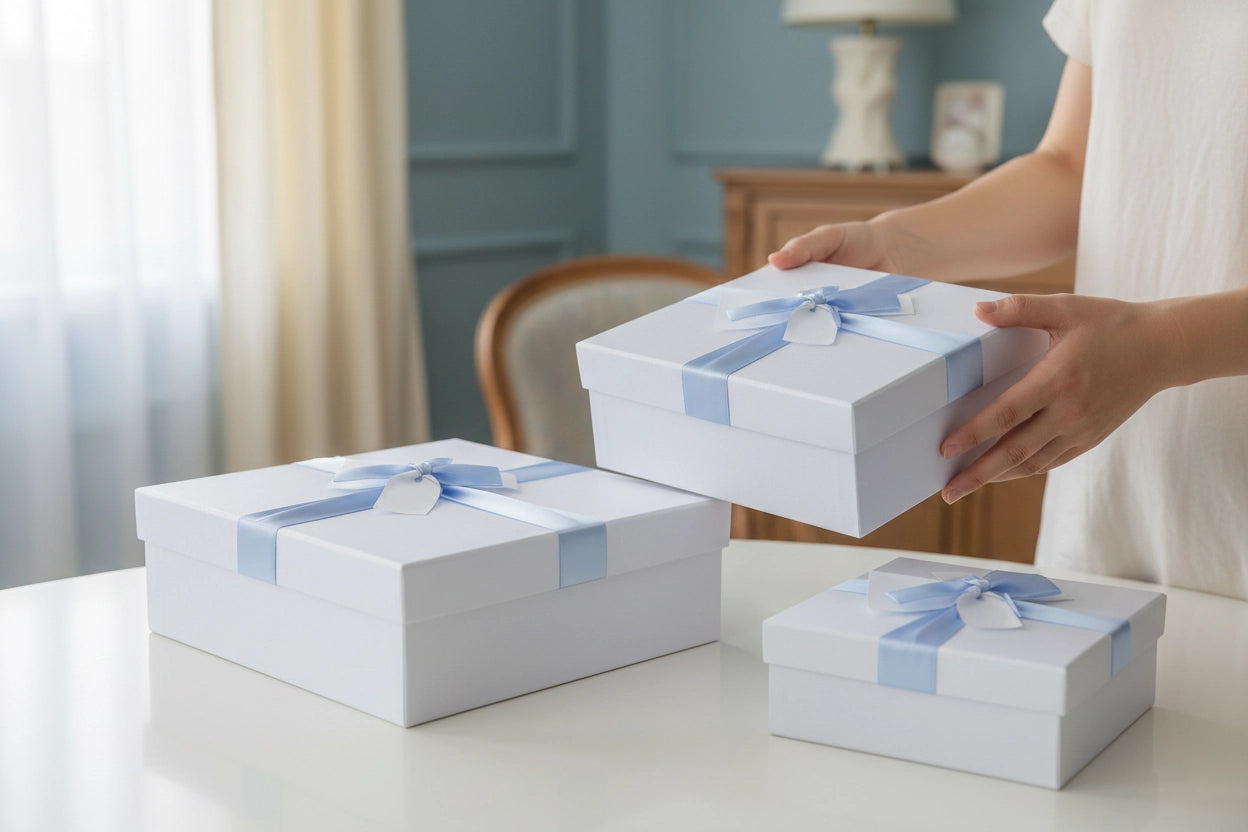 Quadratische babyblaue Geschenkboxen