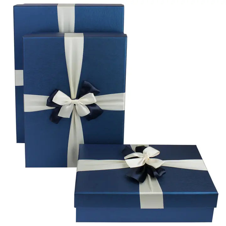 Rechteckige Geschenkbox Blau mit cremefarbenem Band