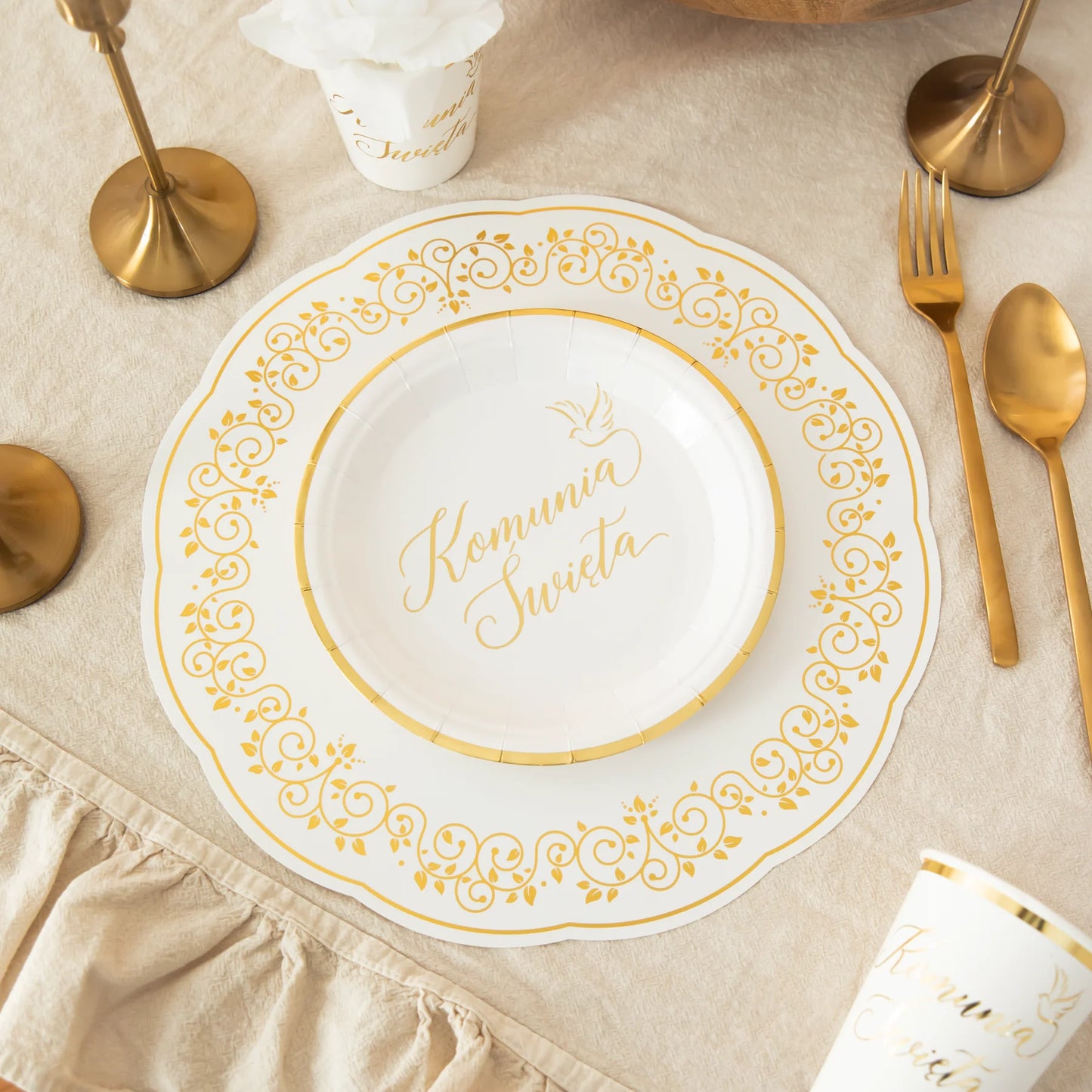 Papier-Tischset weiss-gold mit Pflanzenmotiv 10 Stück